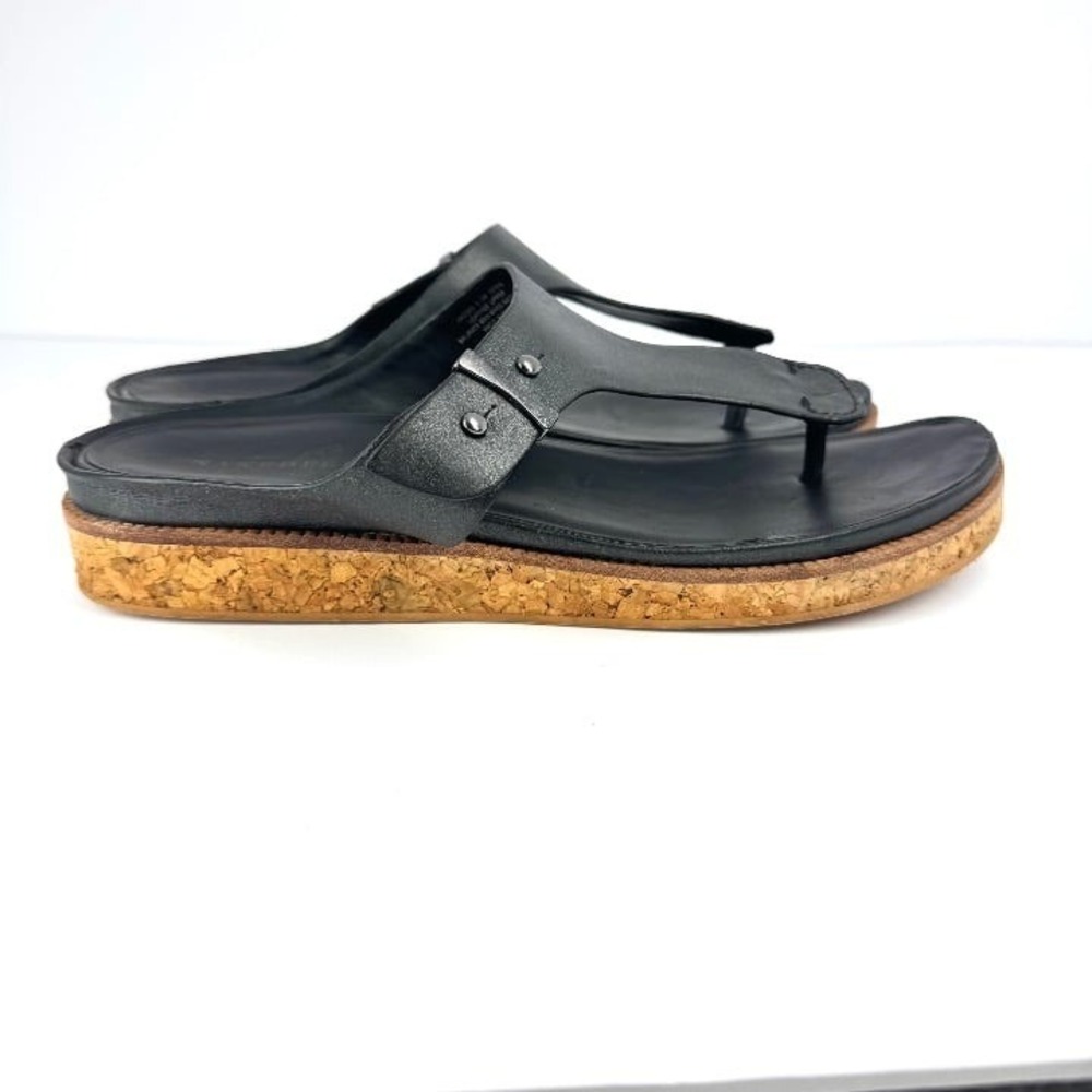 Naked‎ Feet Hadid Black Leather Cork Wedge Thong Sandals Women's 9.5 M